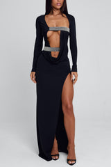 Deep V Neck Cut Out Ruched High Slit Party Maxi Dresses-Black Pre Order