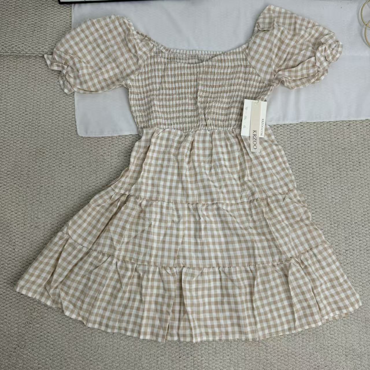 Square-neck checked high-waisted dress