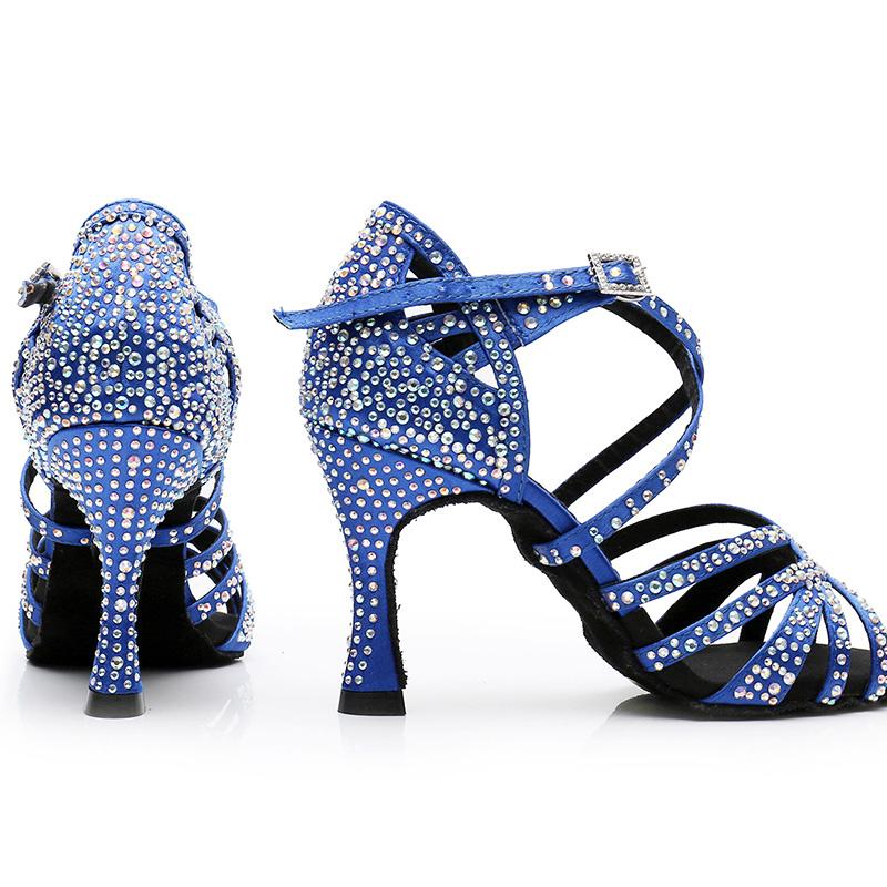 Women's Blue Black Satin & Rhinestones Sandal Customized Heel Latin Dance Heels