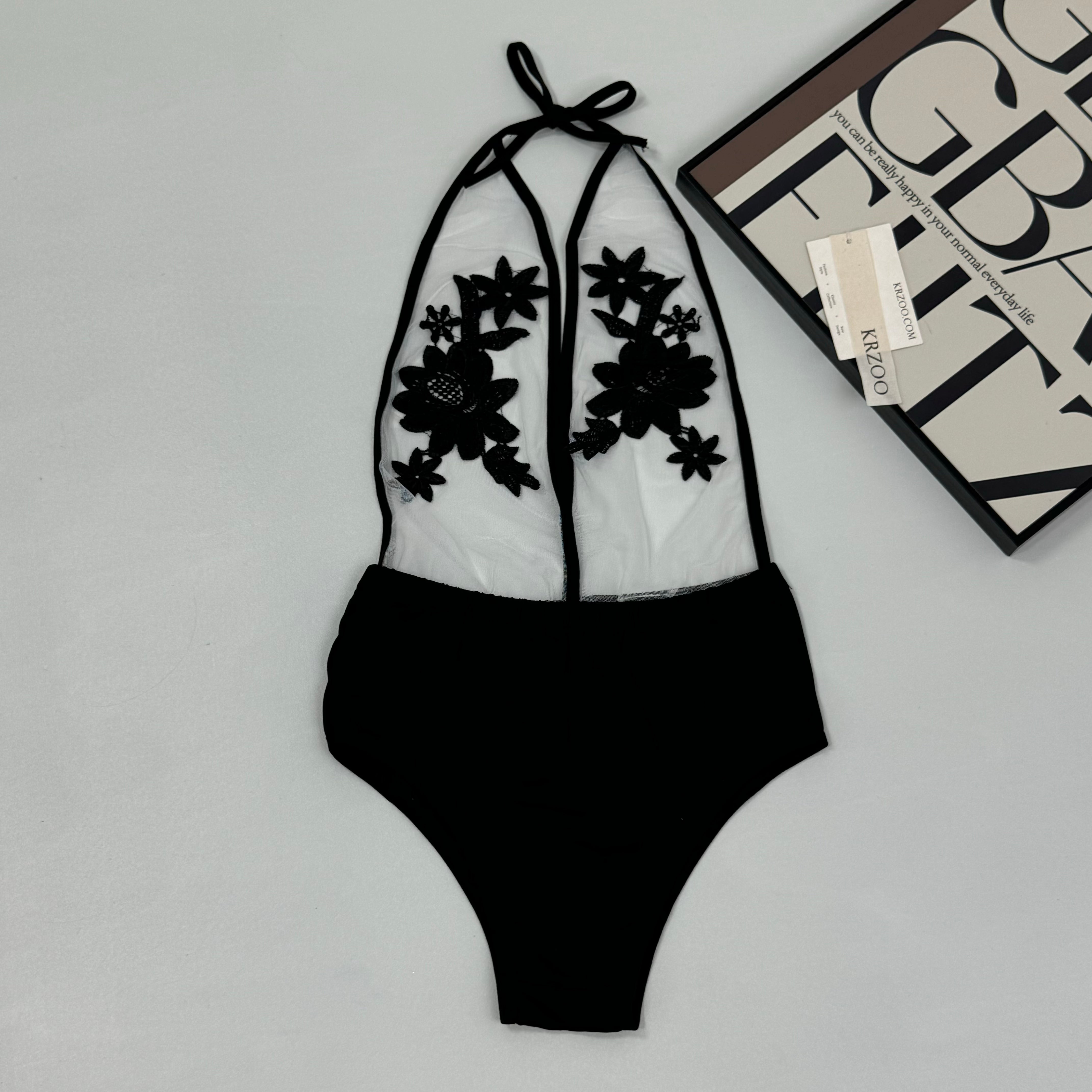 Embroidered rose flower one-piece swimming suit