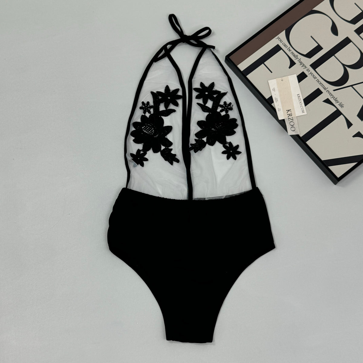Embroidered rose flower one-piece swimming suit