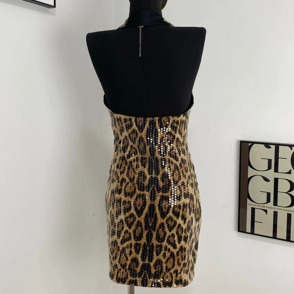 Leopard Print Sequined Backless Dress