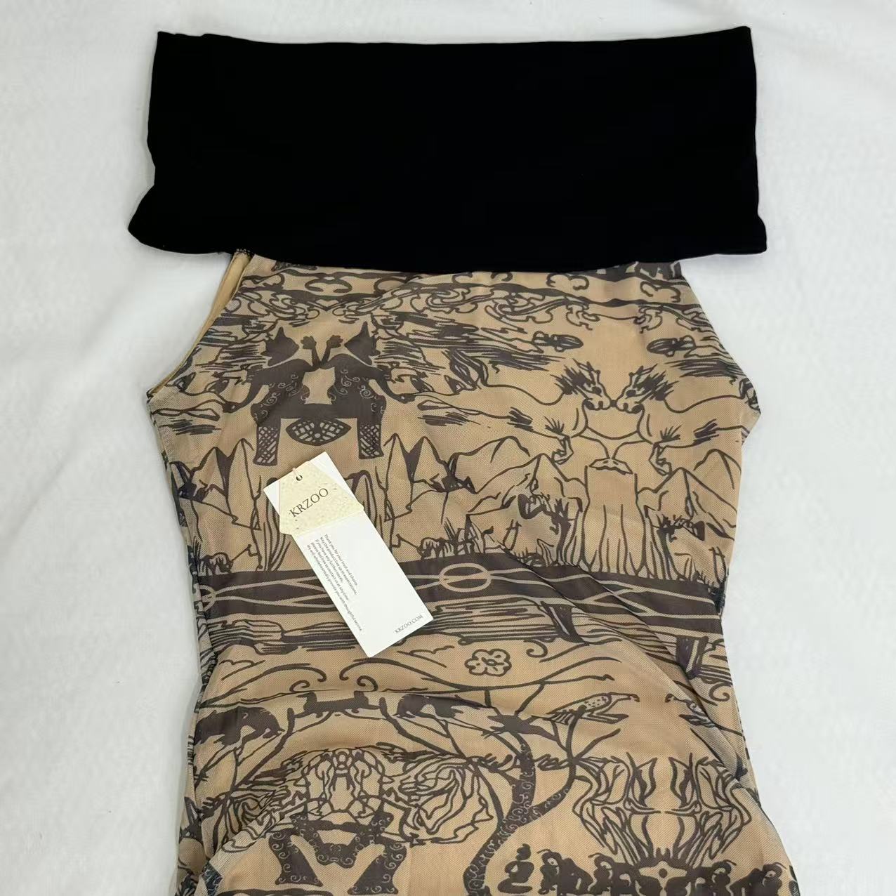 Retro-Print Off-The-Shoulder Ppatchwork Dress
