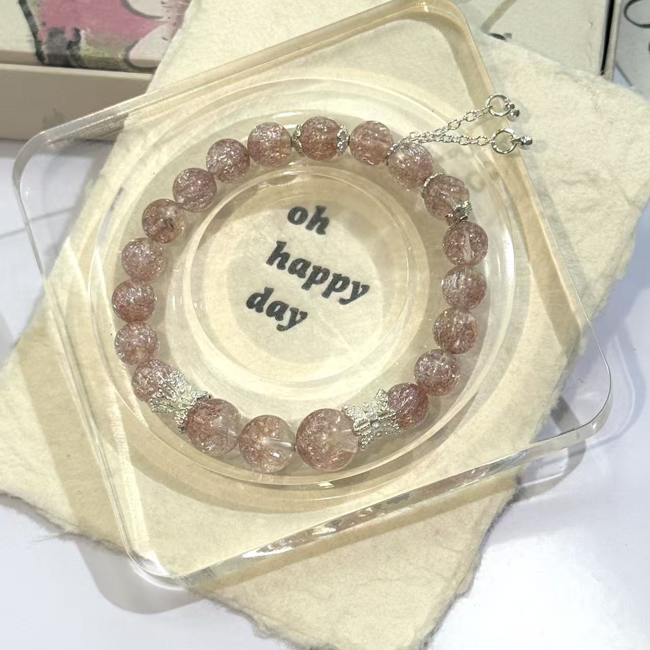 Pink Firework Quartz Beaded Bracelet，Aesthetic Handmade Crystal Bracelet Jewelry Gift