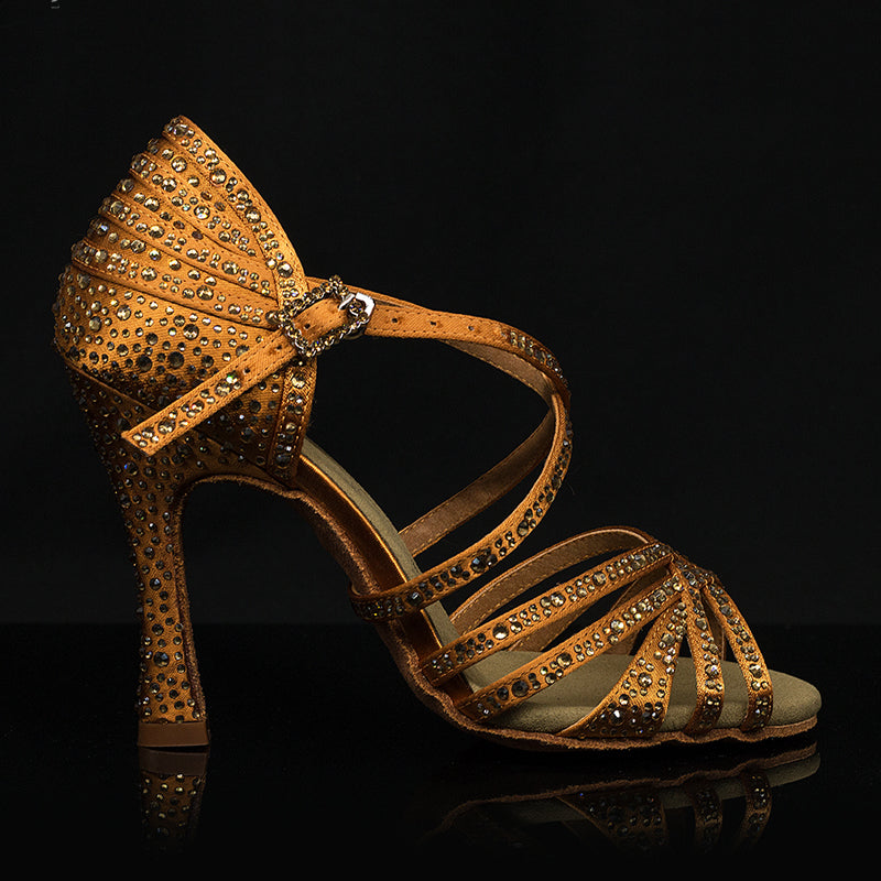 Women's Brown 9cm Strappy Satin Rhinestones Sandal Latin Dance Shoes