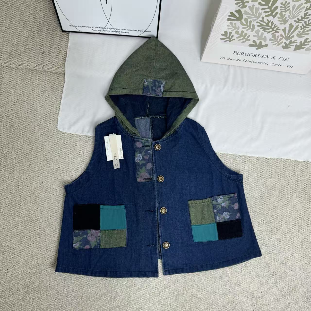 Retro Print Patchwork Denim Vest
