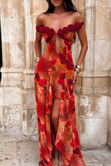 Off Shoulder Rosette Leopard Print Irregular Hem Maxi Dresses-Red Pre Order