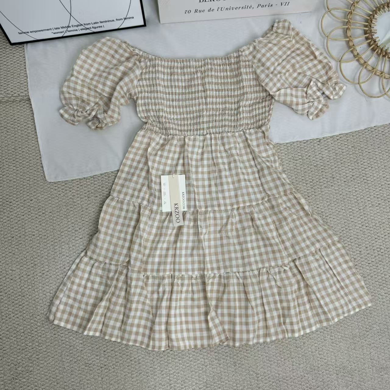 Square-neck checked high-waisted dress
