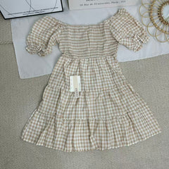 Square-neck checked high-waisted dress