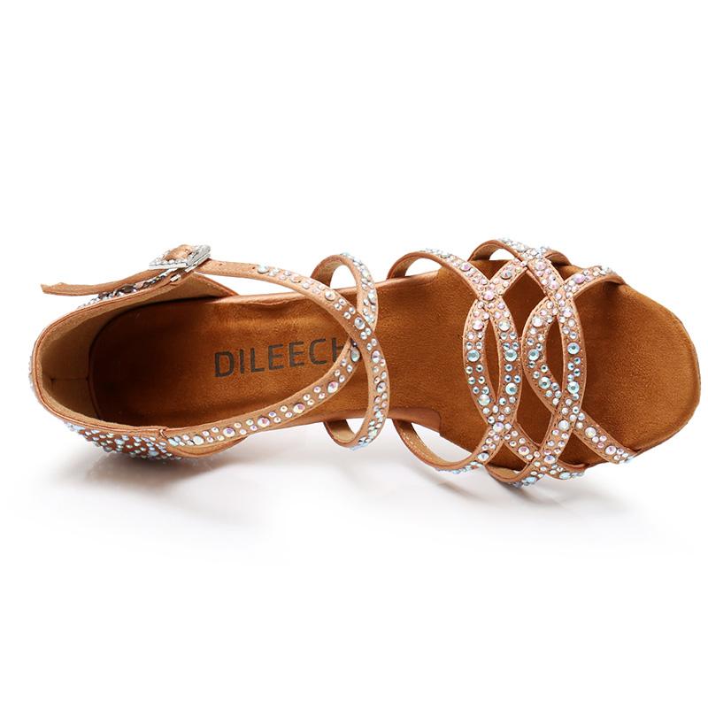 Women's Bronze Satin Rhinestone Customized Heels Ballroom Latin Dance Shoes