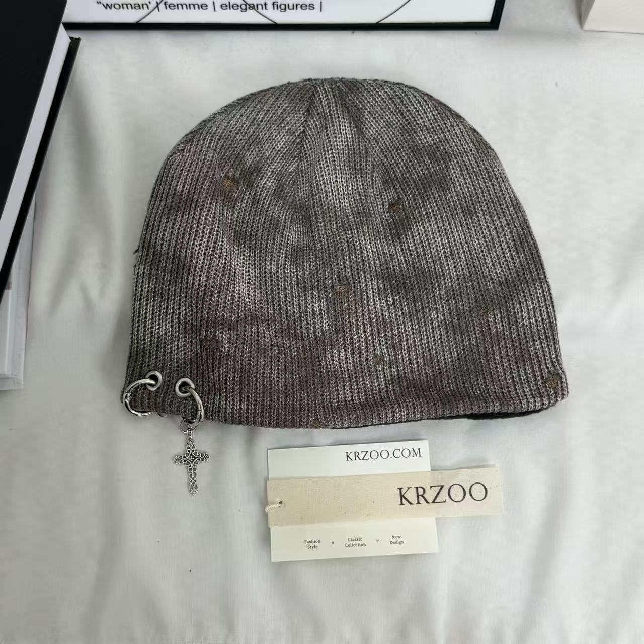 Cross-Patterned Distressed Knitted Wool Beanie