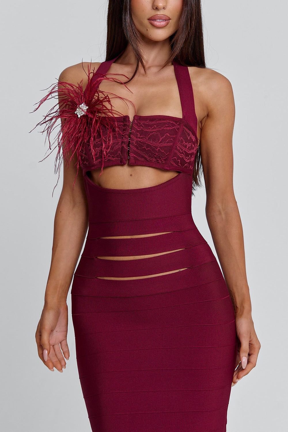 Cami Feather Cut Out Cinch Waist Bodycon Party Maxi Dresses-Red Pre Order