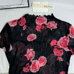 Mesh T-Shirt with Floral Print and Short Sleeves