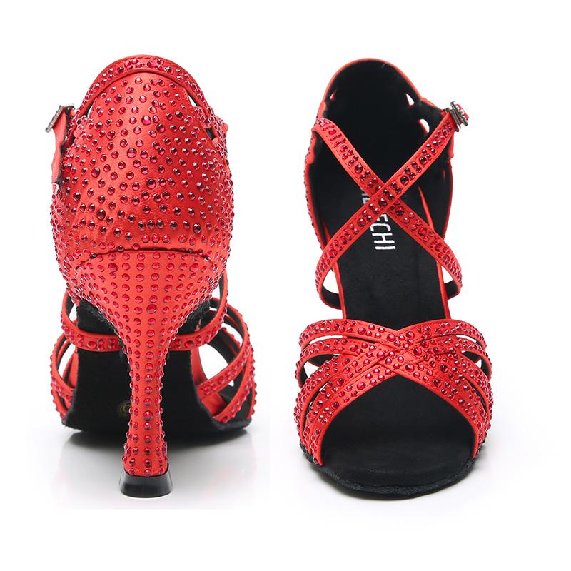 Women's Red Customized Heel Open Toe Strappy Dance Shoes with Crystals