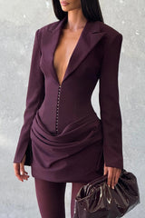 Deep V Neck Long Sleeve Cinch Waist Draped Design Blazer Mini Dresses-Purple