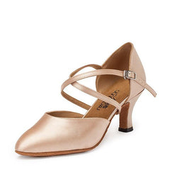 Women's Flesh Pink Satin Customized Heel Closed Toe Ballroom Dance Shoes Modern Shoes