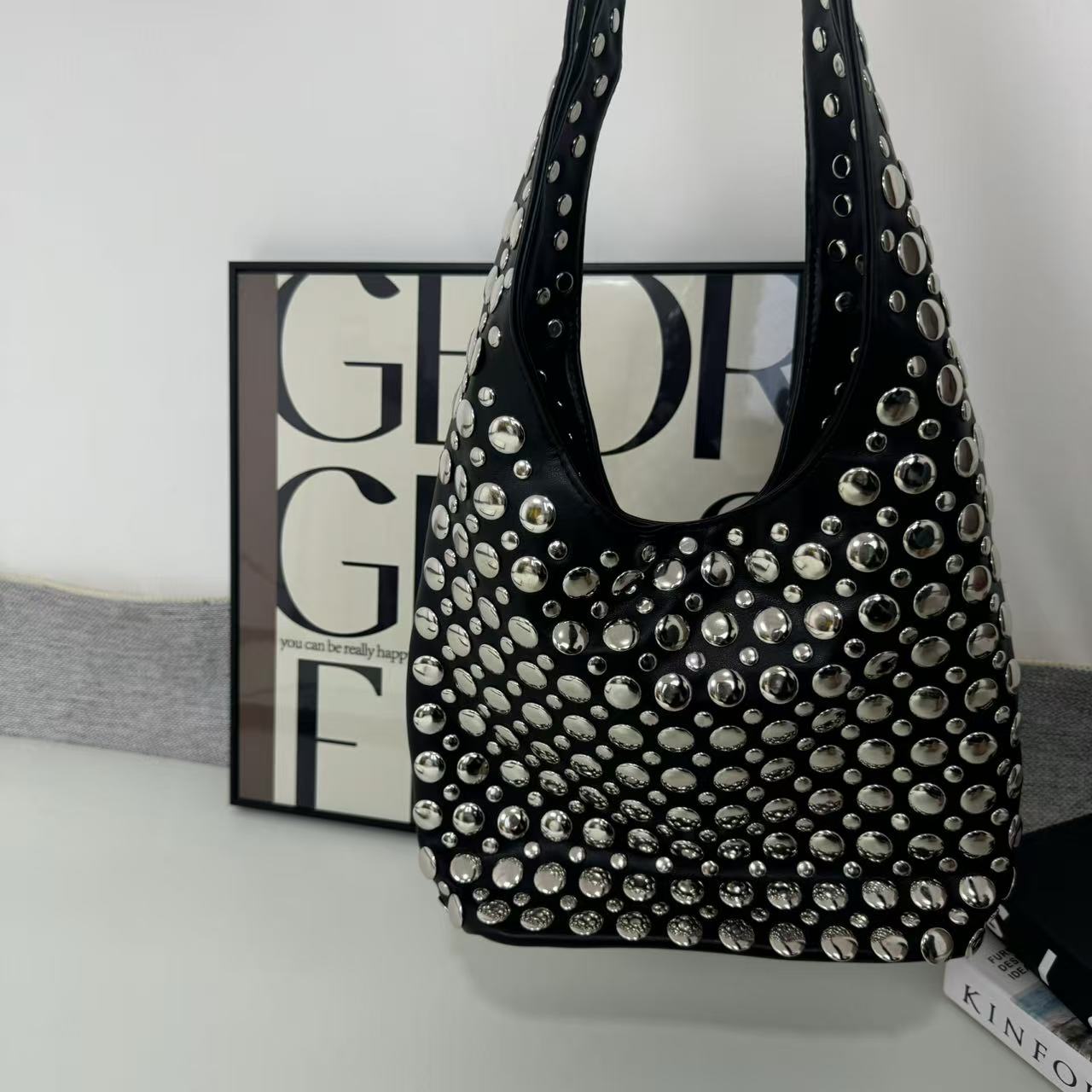Punk rivet-studded matte shoulder bag