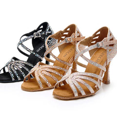 Women's Pink Strappy Satin Rhinestones Customized Heel Dance Shoes