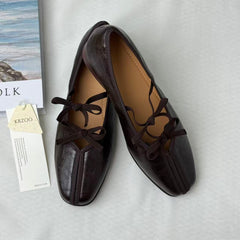 Soft-Leather Square-Toe Retro Bow Mary Janes
