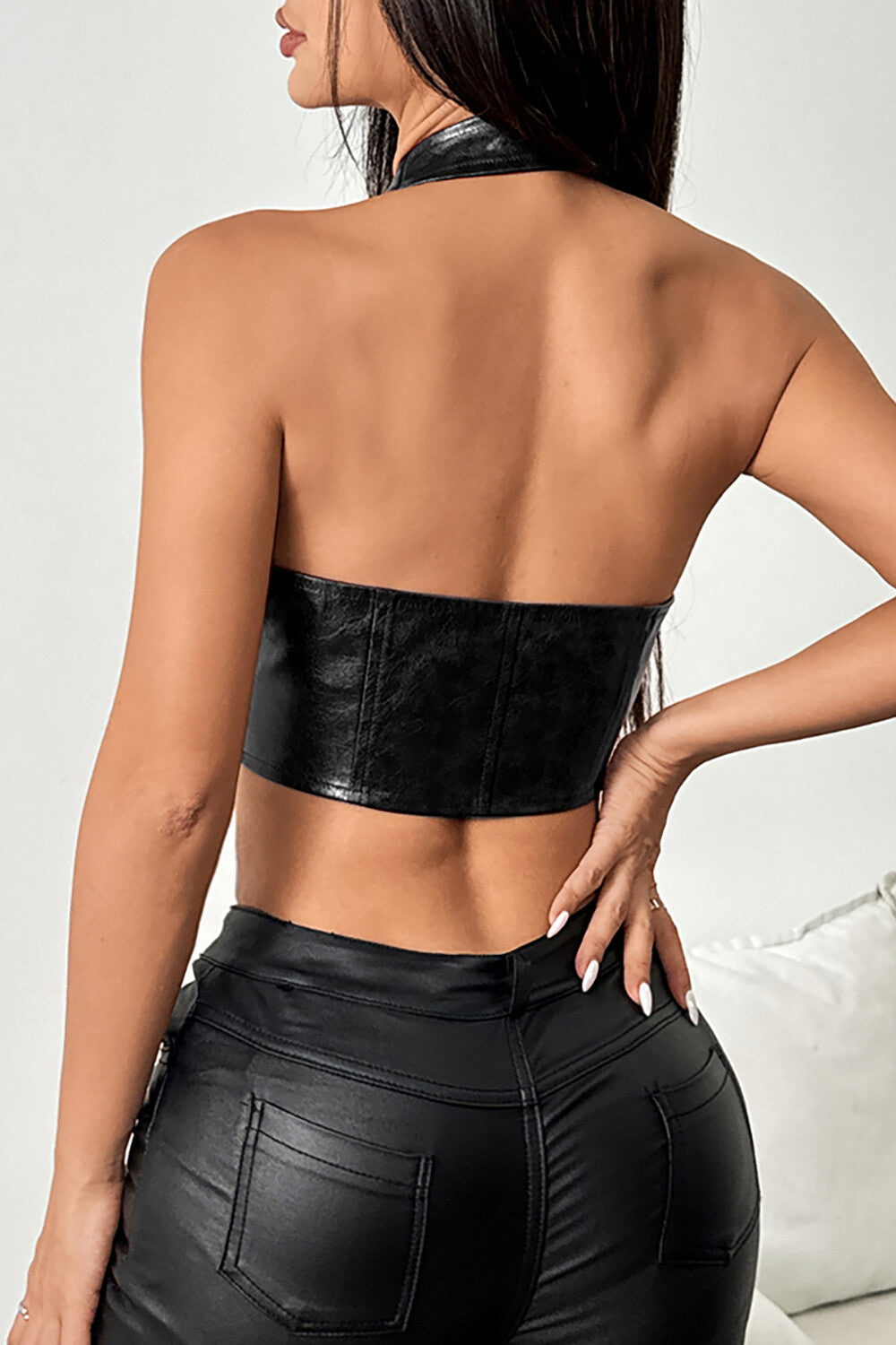 Front Lace Up Deep V Neck PU Leather Halter Crop Top Brown