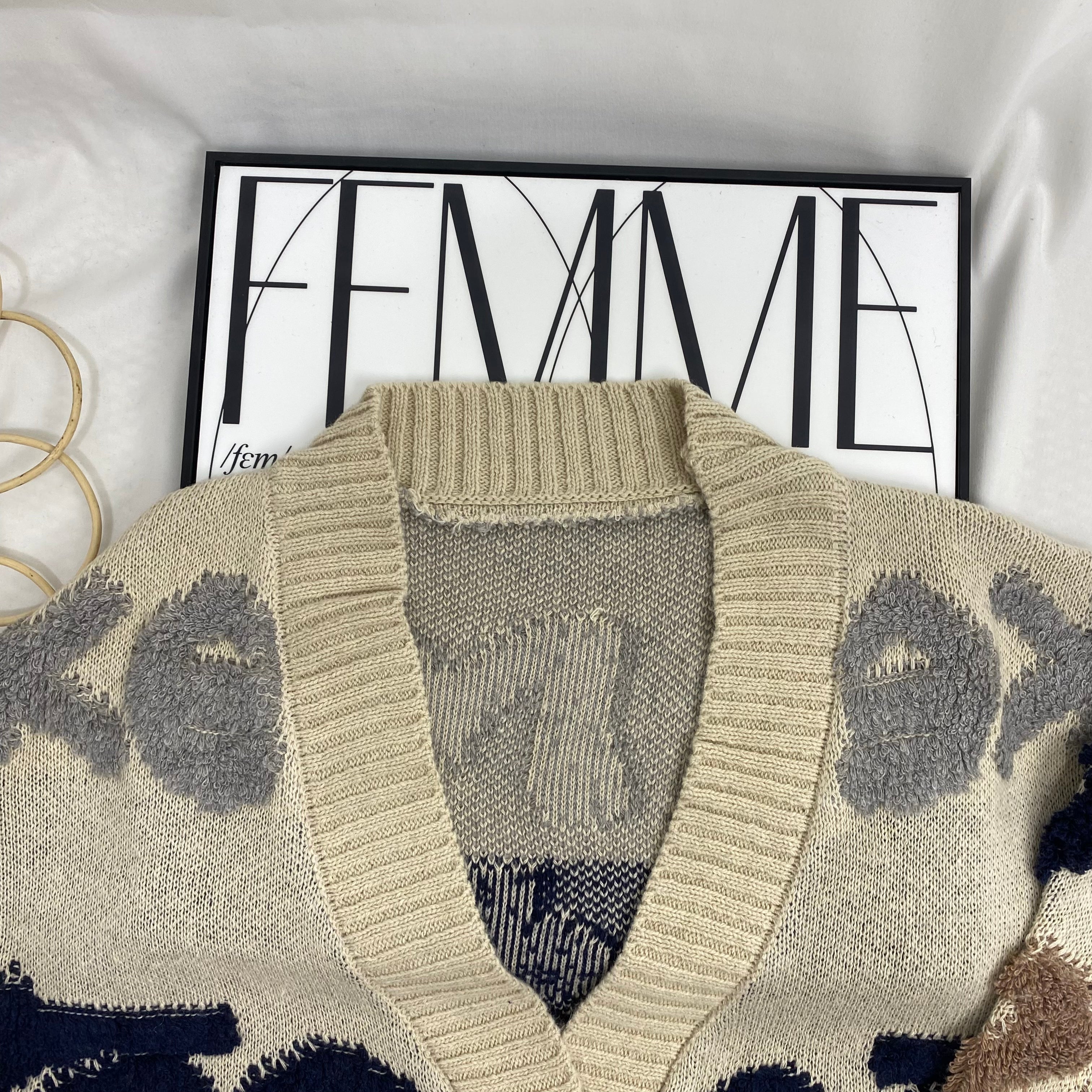 Letter Jacquard Cardigan Sweater