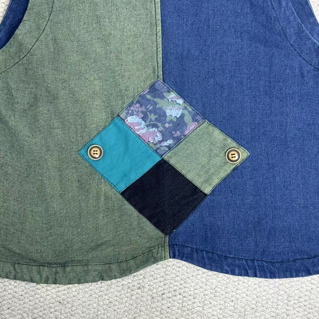 Retro Print Patchwork Denim Vest