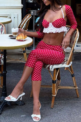 Polka Dot Colorblock Halter Top Crop Leggings Shrug 3pcs Set-Red Pre Order