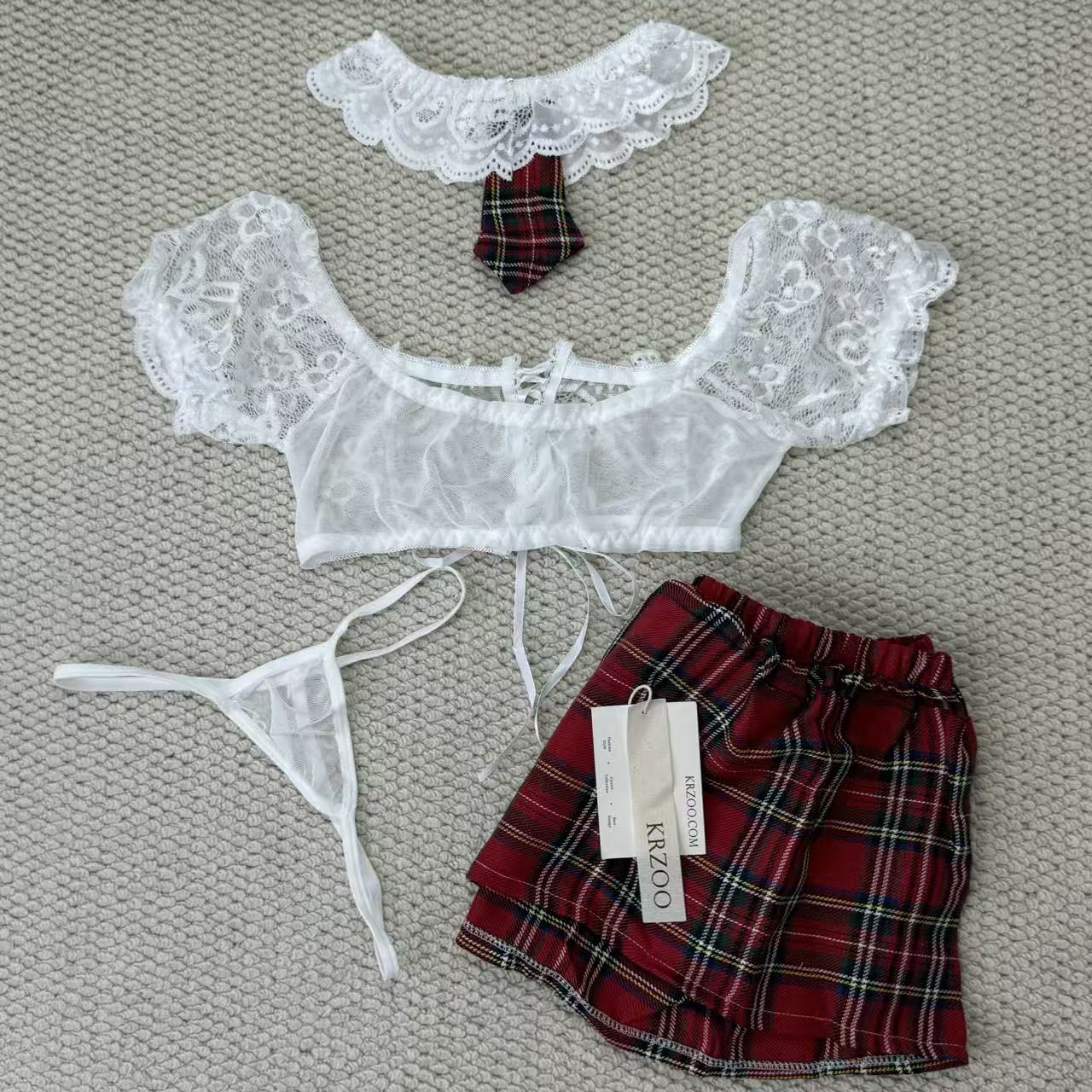 Belted lace-checkered short dress set