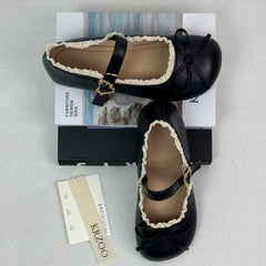 Round-toe retro bow flat leather shoes