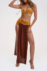 Cami Bra Colorblock Mesh Patchwork High Slit Maxi Skirt Set-Orange
