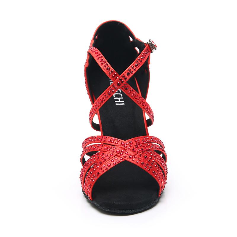 Women's Red Customized Heel Open Toe Strappy Dance Shoes with Crystals