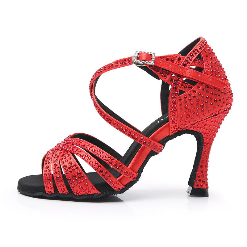 Women's Red Customized Heel Open Toe Strappy Dance Shoes with Crystals
