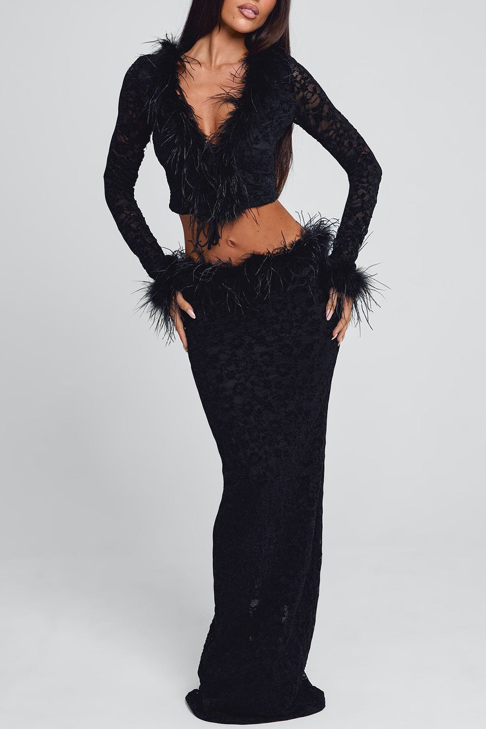 V Neck Crop Top Feather Trim Maxi Skirt Velvet 2pcs Set-Black Pre Order