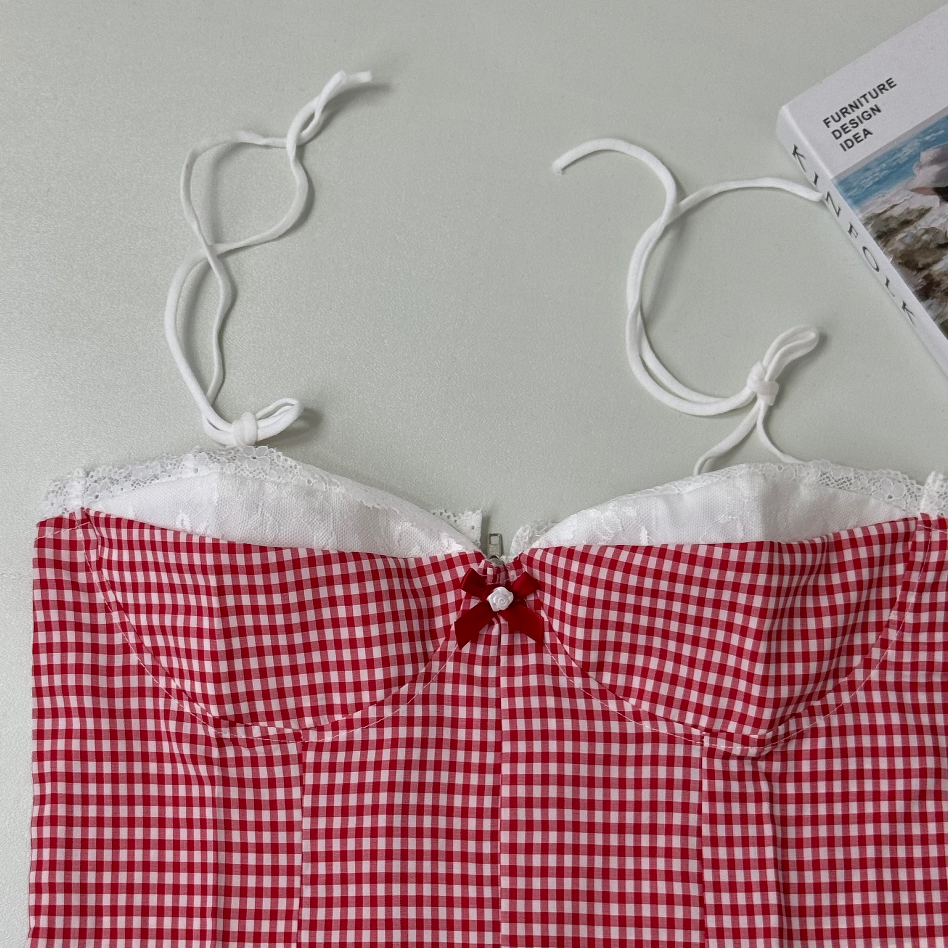 Plaid lace patchwork short bandeau top