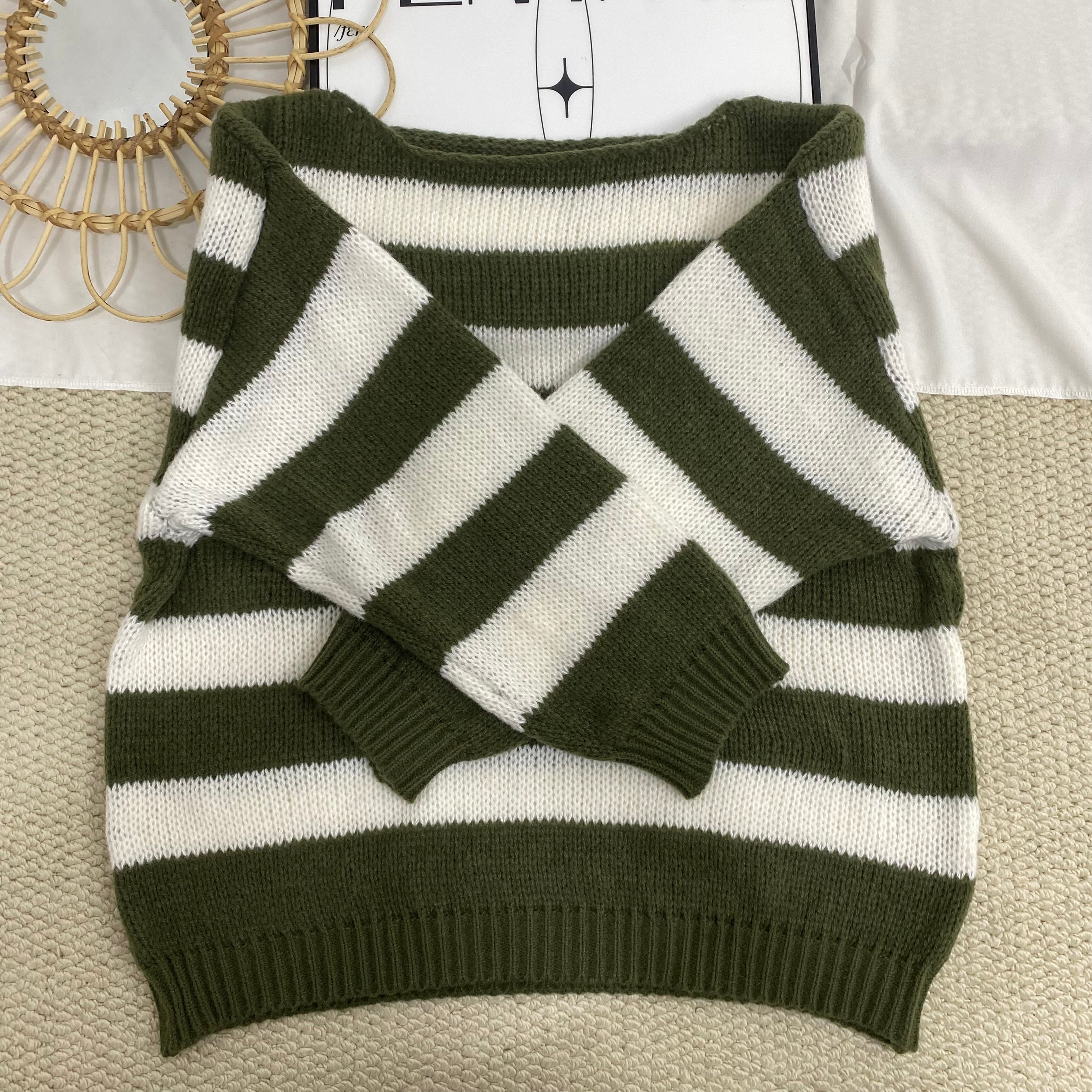 Crew Neck Striped Loose Knit Sweater