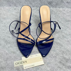 Pointed-toe patent leather cross ankle strap high heels