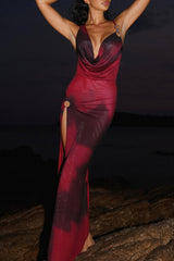 Metal Ring Cami Ruffled Slit Bodycon Party Maxi Dresses-Red