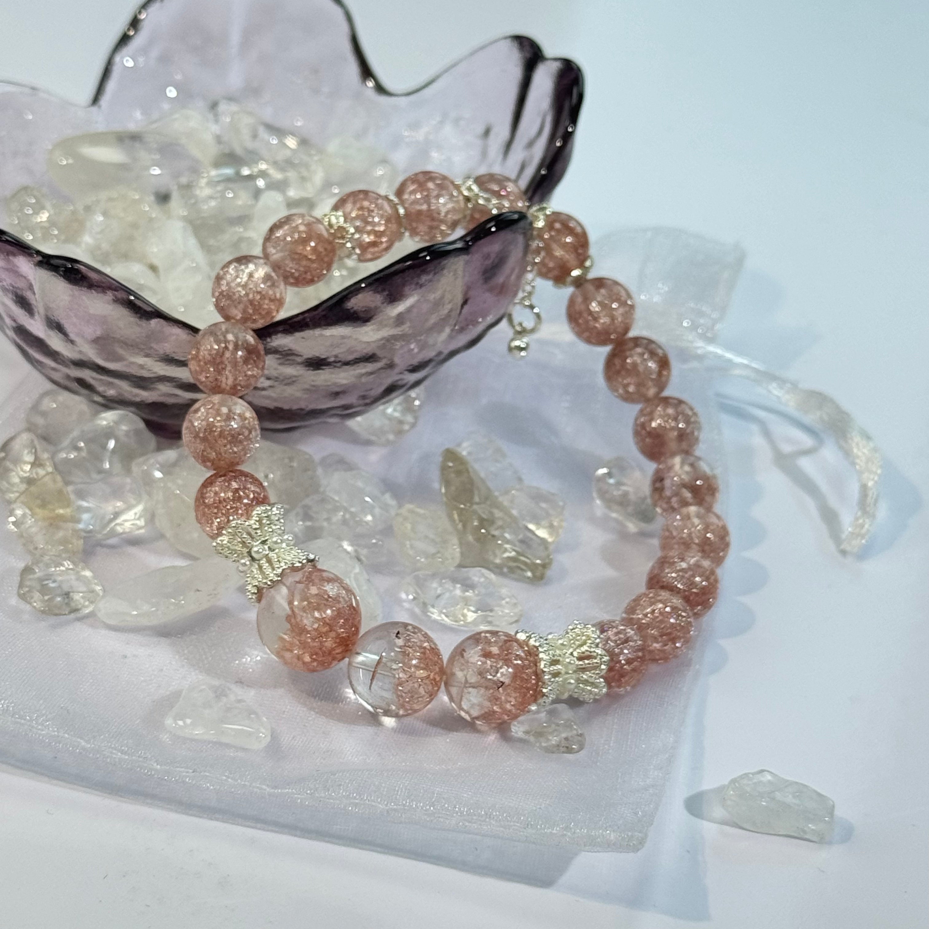 Pink Firework Quartz Beaded Bracelet，Aesthetic Handmade Crystal Bracelet Jewelry Gift