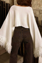 Knit Fringed Cuffs Flare Sleeve Loose Fit Sweater-Beige