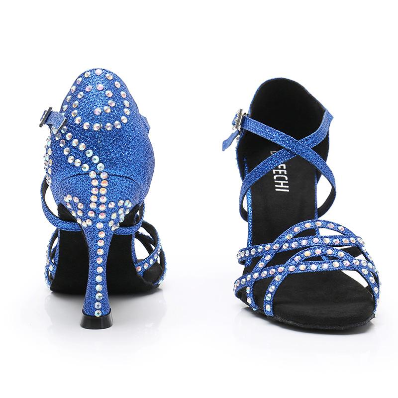 Women's Blue Rhinestone Satin Customized Heel Latin Dance Shoes