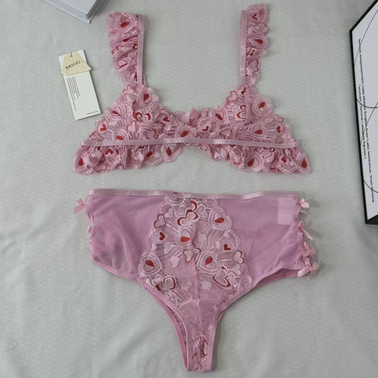 Mesh Heart Embroidery Hollow-Out Lingerie Set