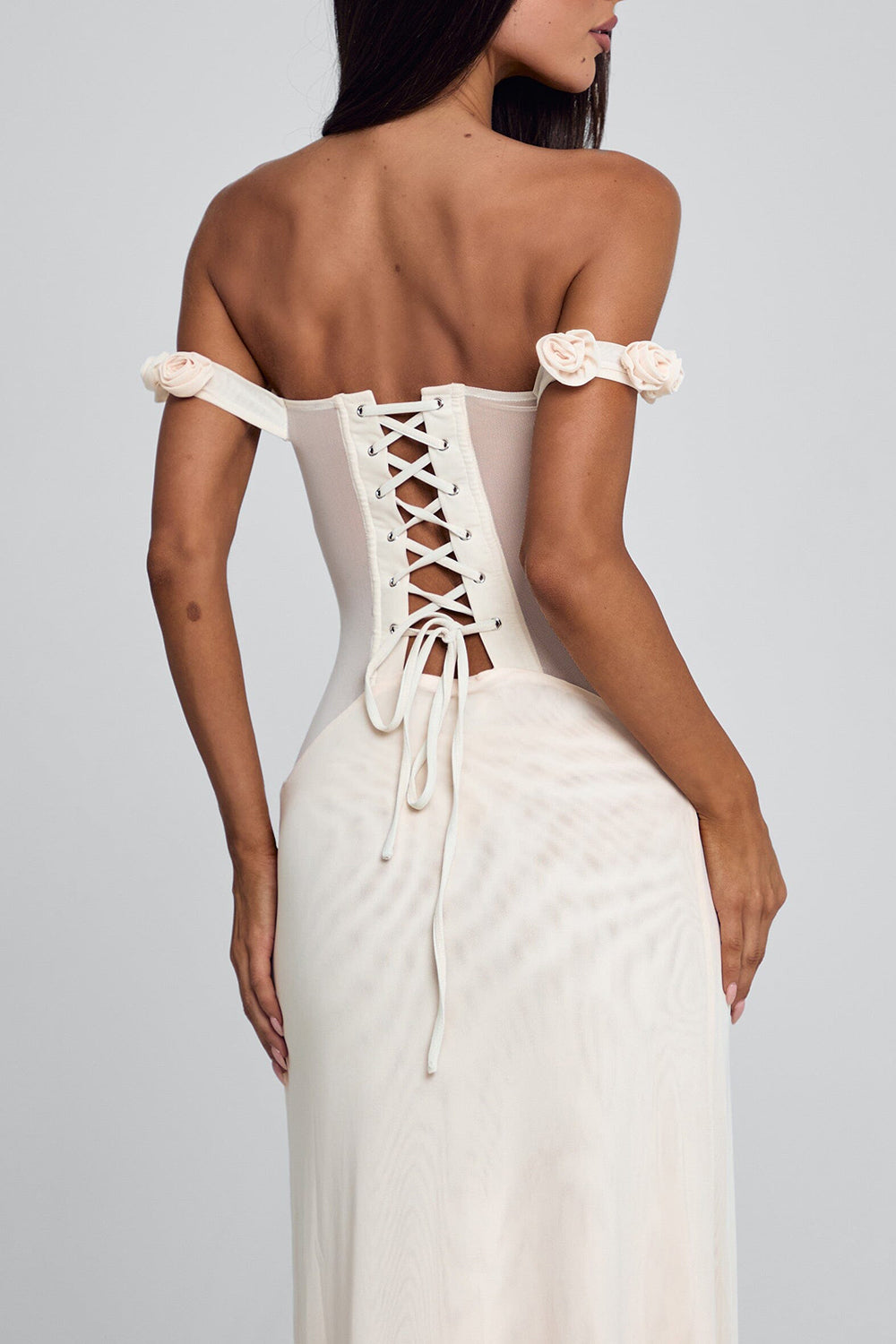 Off Shoulder Mesh Patchwork Rosette Ruffle Maxi Dresses-Beige Pre Order