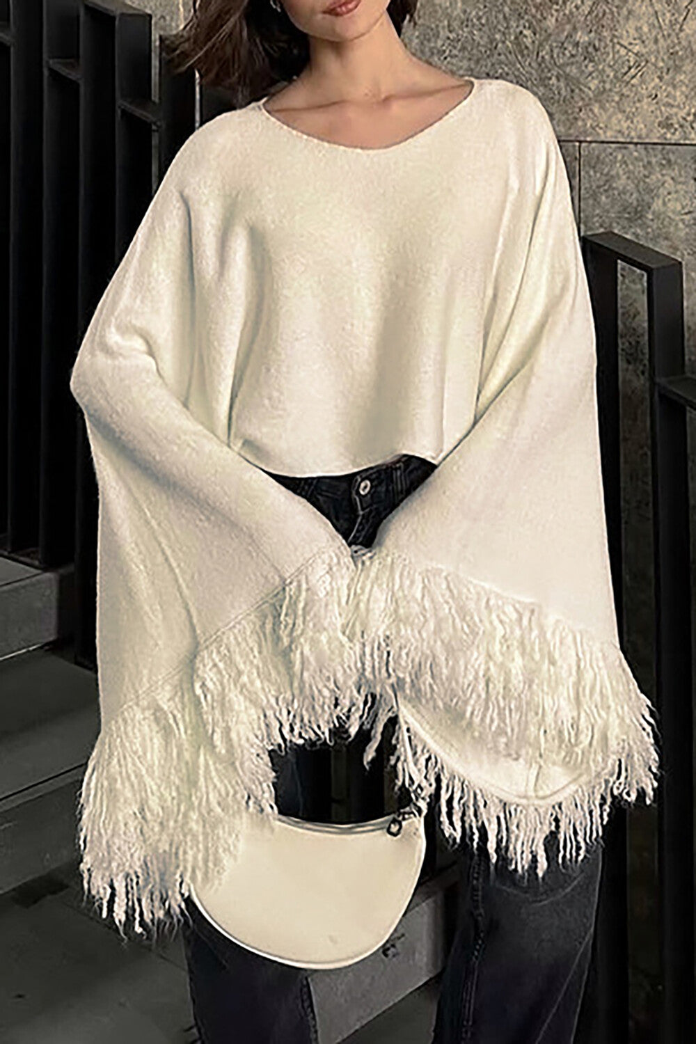 Knit Fringed Cuffs Flare Sleeve Loose Fit Sweater-Beige