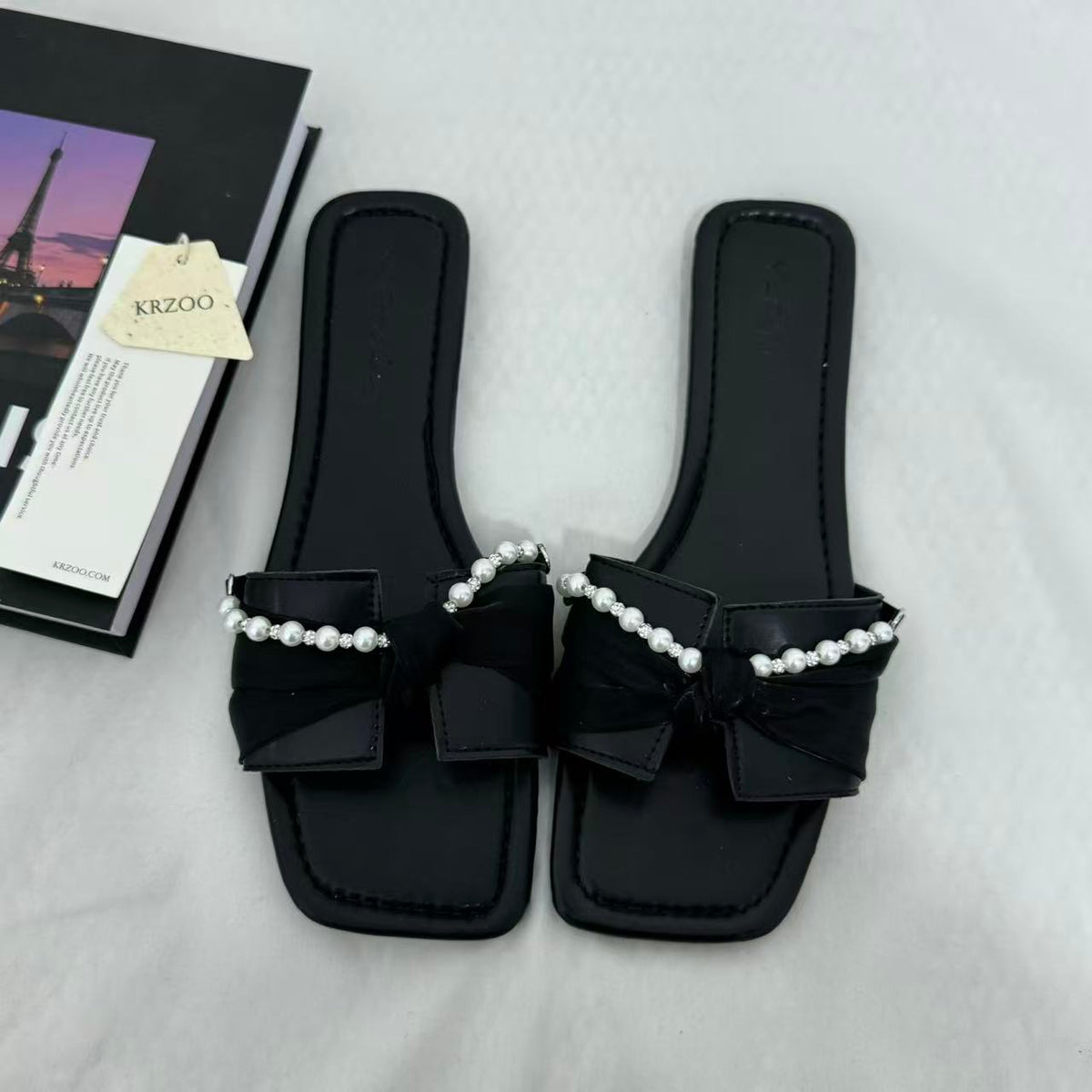 Black Bow-Detail Flat Slides