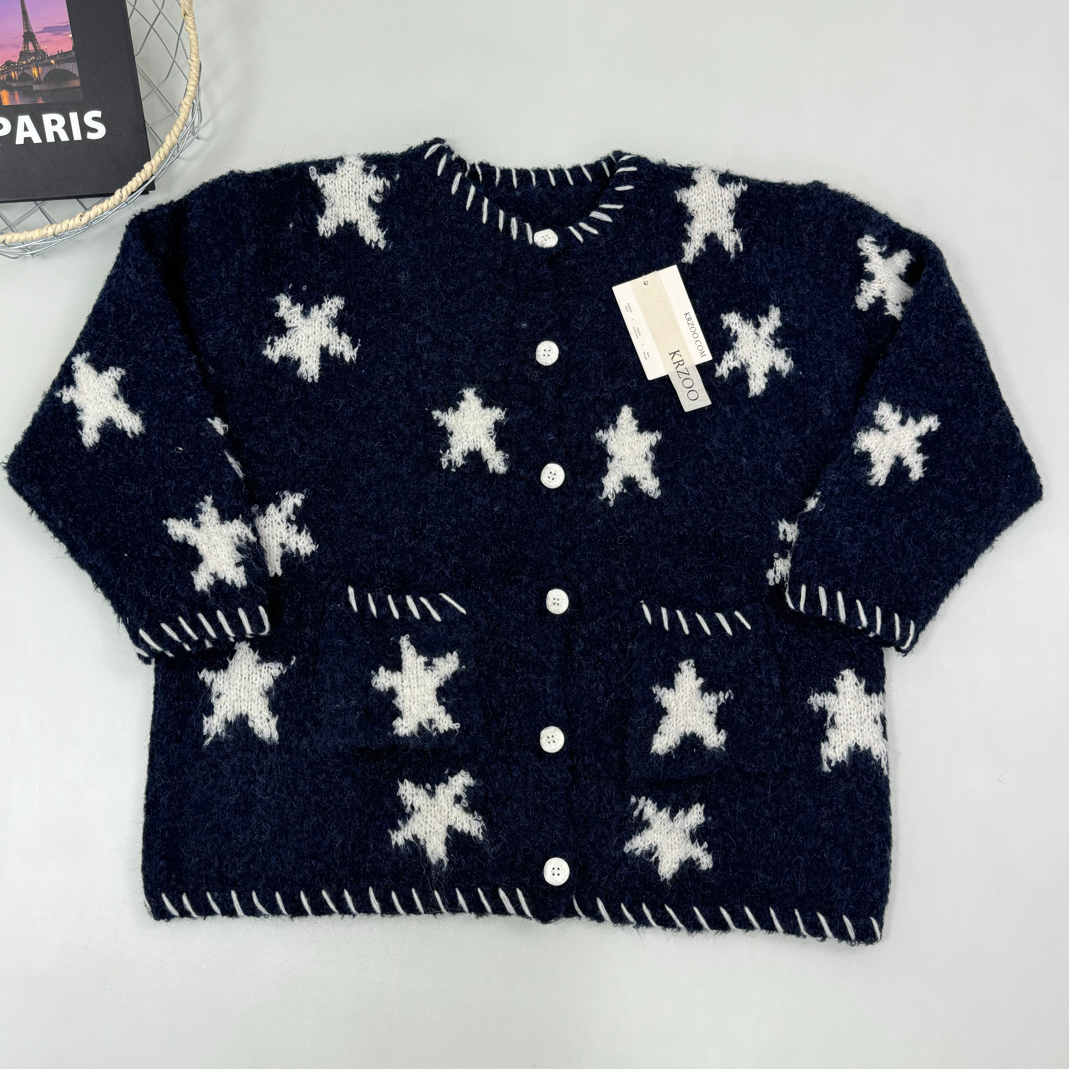 Dark blue star-patterned knitted sweater coat