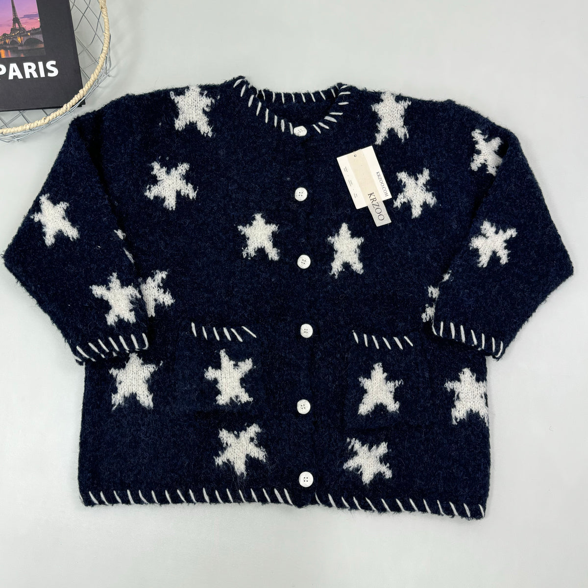 Dark blue star-patterned knitted sweater coat