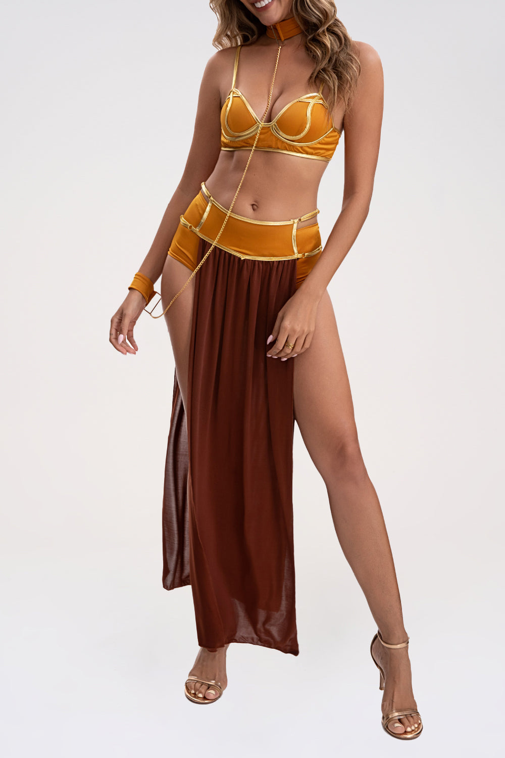 Cami Bra Colorblock Mesh Patchwork High Slit Maxi Skirt Set-Orange