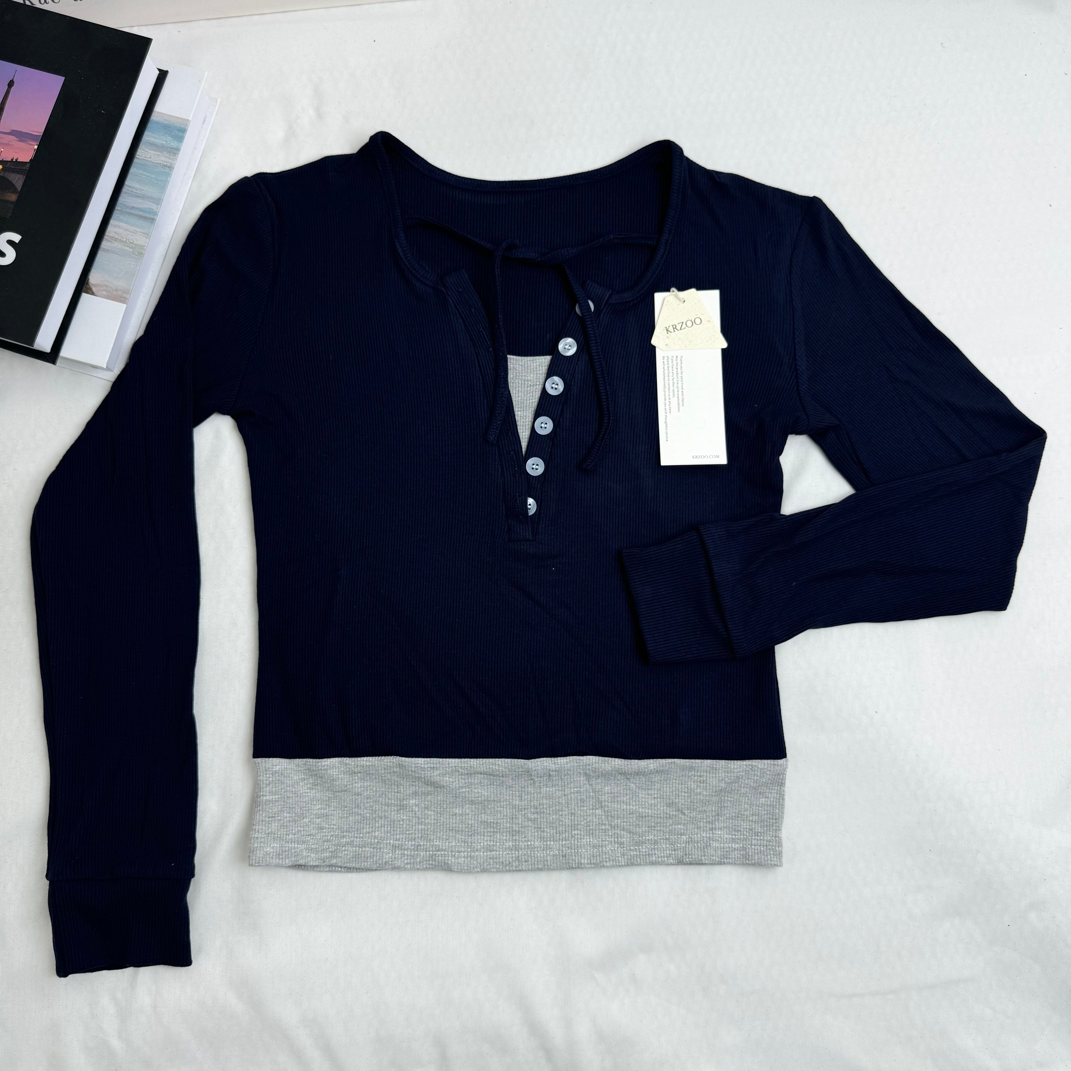 Color-Blocked Faux Two-Piece Long-Sleeved Top