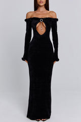Off Shoulder Keyhole Neck Fuzzy Trim Velvet Maxi Dresses-Black Pre Order