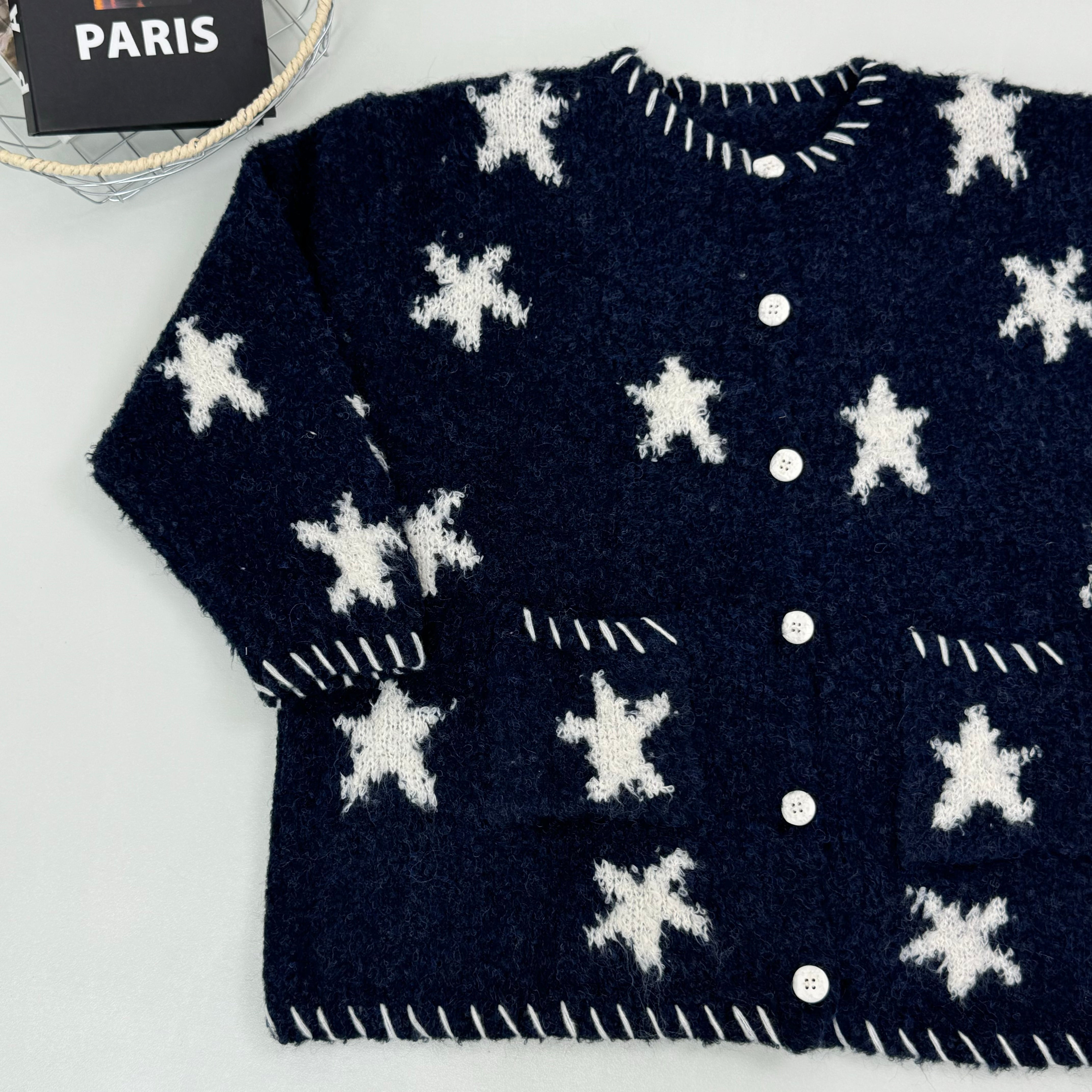 Dark blue star-patterned knitted sweater coat